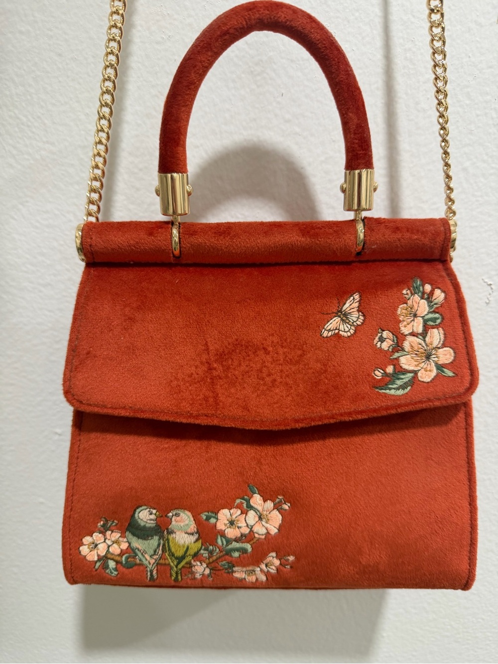 Fable England Rust Velvet Embroidered Lovebirds Mini Top Handle Crossbody Bag